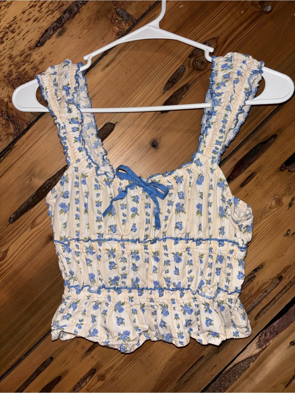 Sim & Sam Smocked Cream Tank Top with Blue Floral Print and Bow